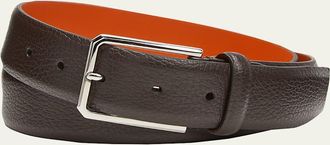 Santoni Mens Rectangle Buckle Grained Leather Belt
