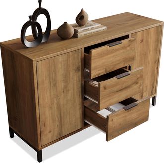 STILVORA C&oacute;moda Con 2 Puertas Y 3 Cajones Con Estante Ajustable, Estilo Industrial, En Tablero, Roble Oscuro, 120&times;40&times;76 Cm