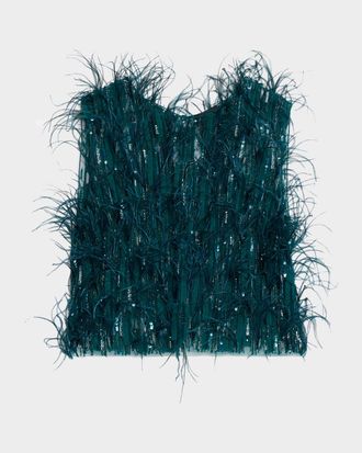 Sally Lapointe Cascading Feather Embellished Crop Tank Top