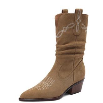 Generic Womens Mid-Calf Suede Cowboy Boots Rhinestone Embroidery Slouchy Design Pointed Toe Low Block Heels Slip On Soft Lining Durable Outsole,Apricot,3.5 UK