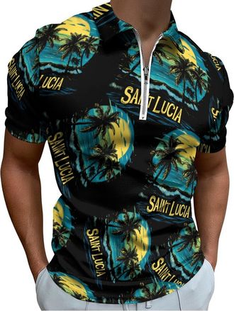 Generic Saint Lucia Beach Palm Trees Mens Zippered Polo Shirt Casual T Shirts Short Sleeve Tops Golf Running XL