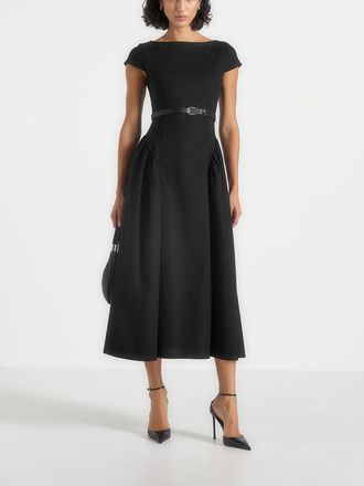 Mani&egrave;re De Voir Gaia Boat Neck Flared Maxi Dress in Black at Nordstrom, Size 12