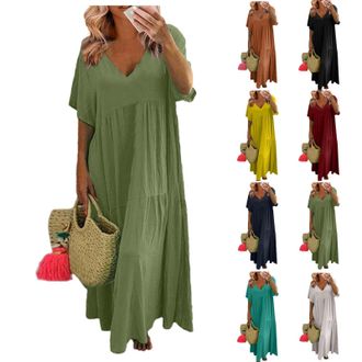 Generic Linen Maxi Dress for Women Summer Cotton Linen V-Neck Short Sleeve Baggy Outfits Oversized Boho Vacation Dresses