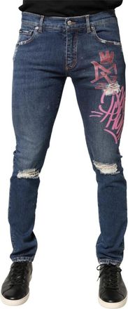 Dolce & Gabbana Distressed Graffiti Print Skinny Jeans - Heren - Slim Fit Jeans - Blauw - M - Katoen - Jeans