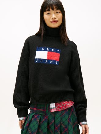 Tommy Jeans Rollkragenpullover TOMMY JEANS TJW TURTLENECK FLAG SWEATER EXT, Damen, Gr. 4XL (48), schwarz, Strick, Obermaterial: 53% Polyester, 38% Nylon, 9% Wolle