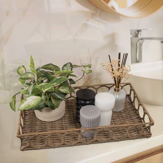 Happimess Honeycomb 19.75 Rustic Bohemian Hand-Woven Rattan Tray, Natural