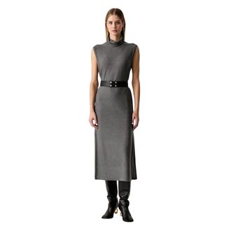 Patrizia Pepe Gebreide midi-jurk met ceintuur - Dames - Jurken - Grijs - Maat: M Wol