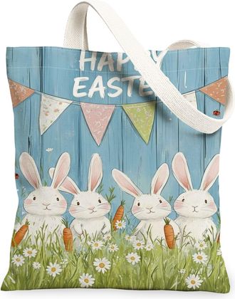 Generic Easter Bunny Canvas Tote Bags, Cute Rabbit Floral Design Reusable Bags, Spring Vintage Washable Shoulder Strap Canvas for T, Blue, 13x15 Inch