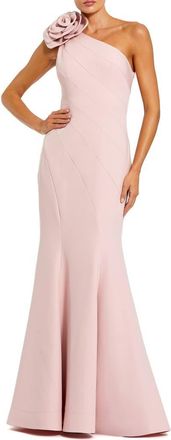 Mac Duggal Crepe One Shoulder Mermaid Gown With 3D Flower in Blush at Nordstrom, Size 10