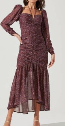 Astr Ditsy Print Long Sleeve Dress In Purple/brown