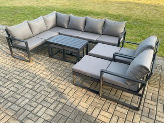 Fimous Aluminium Outdoor Garden Furniture Set Patio Lounge Sofa with Oblong Coffee Table Chair 2 Small Footstools Big Footstool Dark Grey