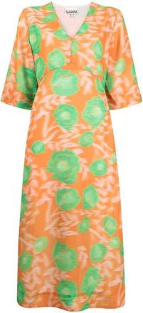 Ganni Printed Crepe V-Neck Dress