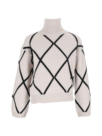 Allude Beige Diamond Pattern Cropped Turtleneck Sweater