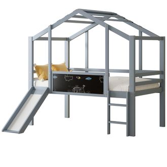 STILVORA Letto A Soppalco 90 X 200 Cm Con Scivolo, Scala, Lavagna E Sponde, Senza Materasso, In Legno Massiccio, Grigio