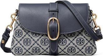 Tory Burch T Monogram Soft Jacquard & Leather Shoulder Bag in Tory Navy at Nordstrom