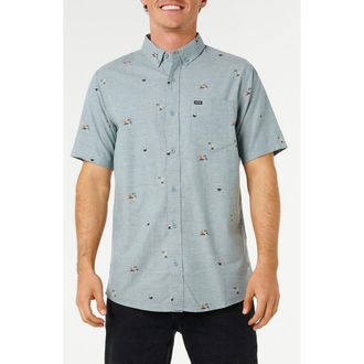 Rip Curl Skelly Breach Tropical Print Short Sleeve Cotton Chambray Button-Down Shirt in Bluestone at Nordstrom, Size Xx-Large