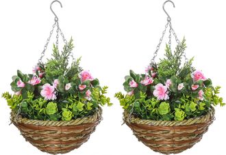 HOMCOM Pack of 2 Artificial Lisianthus Flowers Hanging Planter with Basket for Indoor Outdoor Decoration Home Garden | TJ Hughes