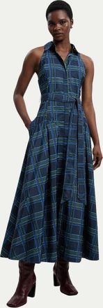 Karen Millen Check Taffeta Belted Maxi Shirt Dress in Navy at Nordstrom, Size 10