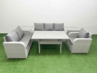 Fimous Patio PE Wicker 6 Seater Outdoor Rattan Furniture Sofa Sets w/ Rectangular Dining Table Reclining Chair Loveseat Sofa 3 Seater Sofa 2 Side