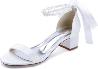 Generic Womens Low Open Toe Bridal Heels Chunky Heel Pearl Wedding Shoes Prom, Evening Party, Dress Pumps 4.5Cm,White,10 UK
