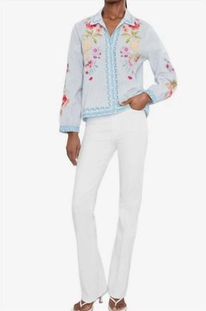 Johnny Was Angela Open Neck Shirt In Blue White Stripe