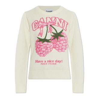 Ganni Round-neck Knitwear, female, Beige, Size: XS Logo Sweater