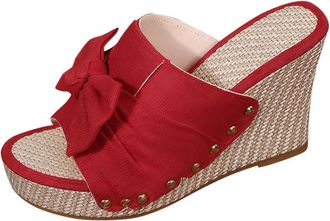 Generic Wedge Sandals for Women Bow Open Toe Summer Sandals Solid Color Stylish Classic Breathable Comfy Thick Sole Elegant Slip On Slippers Outdoor Daily