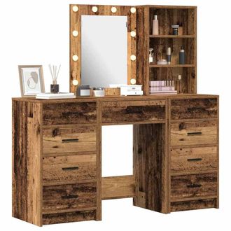 Berkfield Home Traditional 3-Piece Dressing Table Set with LED in Old Wood Finish in Brown