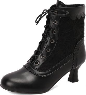 Generic Womens Round Toe PU Leather Short Boots Lace Up Retro Dress Shoes Kitten Heel Victorian Boots,Black,10.5 UK