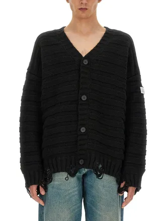 Maison Margiela Ribbed Knit Cardigan With V-Neckline And Distressed Details