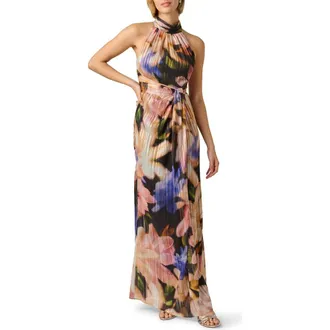 Adrianna Papell Floral Chiffon Gown in Black Multi at Nordstrom, Size 12