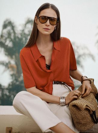 Contemporaine Womens Linen-blend Polo Shirt-collar cardigan