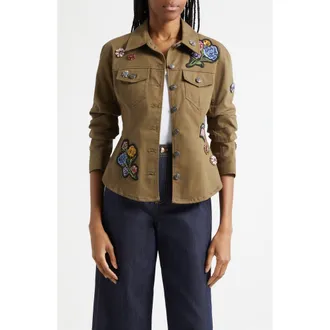 Cinq &agrave; Sept Love Garden Patches Cotton Stretch Twill Jacket in Dark Olive Multi at Nordstrom, Size 0