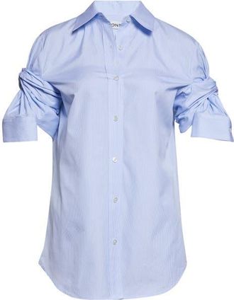 Monse Knotted Sleeve Stripe Cotton Poplin Button-Down Shirt in Sky Blue at Nordstrom, Size 2