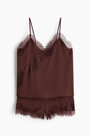 H&M Nachtw&auml;sche aus Satin mit Spitze - Dunkelbraun