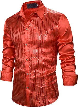 Generic Mens Shiny Satin Sequins Button Up Dress Shirts Long Sleeve Slim Fit Disco Party Prom Wedding Shirt Costume Red