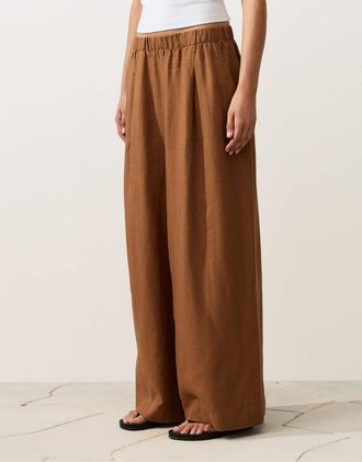 Oysho Pantaloni 100% lino marroni a fondo ampio-Marrone