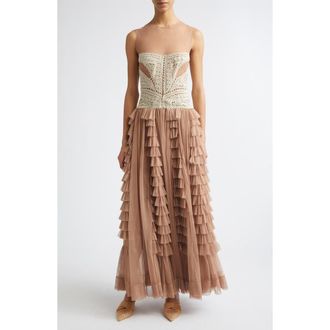 Ulla Johnson Orla Crochet & Tulle Gown in Sandstone at Nordstrom, Size Medium