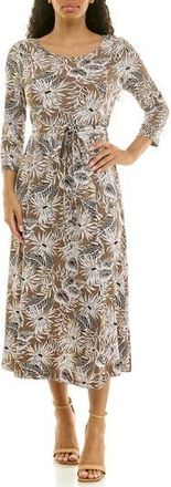 Nina Leonard Sylvia Printed Tie Waist Midi Dress in Brown Multi Combo at Nordstrom Rack, Size X-Large