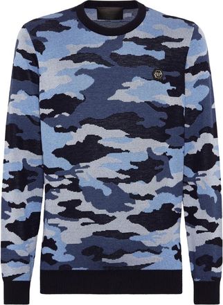 Philipp Plein Pullover Ronde Hals - Heren - Ronde hals truien - Blauw - XL - Wol - Truien & Vesten