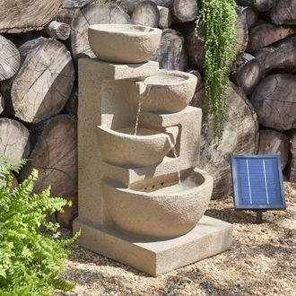 PRIMROSE Kendal 4 Tier Cascading Solar Powered Water Feature with Lights H72cm in Beige