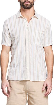 Billy Reid Dobby Stripe Short Sleeve Cotton & Linen Button-Up Shirt in Tinted White/Khaki at Nordstrom, Size Xx-Large