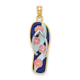 Diamond2Deal 14k Yellow Gold Rhodium 3D Enamel Pink Flowers On Blue Stripes Flip-Flop Charm