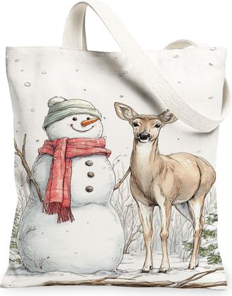 Generic Winter Animal Canvas Tote Bags, Snow Man and Deer Pattern Reusable Grocery Bags, Lightweight Washable Shoulder Strap Canvas, White, 13x15 Inch