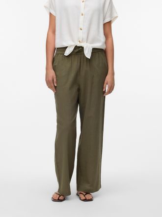 Vero Moda Schlupfhose VERO MODA VMCAIA MW WIDE PANT WVN NOOS, Damen, Gr. XL (42), N-Gr, gr&uuml;n (kalamata), Web, Obermaterial: 90% Baumwolle, 10% Leinen, unifarben