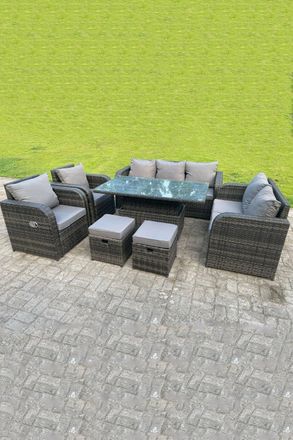 Fimous Rattan Outdoor Lifting Dining Coffee Table Love Sofa 3 Seater Sofa Small Footstools Recling Chairs in Dark Grey