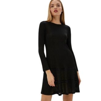 Twinset Zwarte Geribbelde Jurk met Kantdetails - Dames - Korte kleedjes - Zwart - M - Katoen - Kleedjes