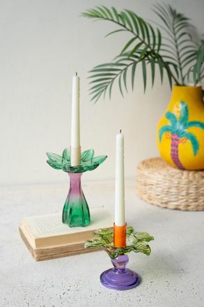 Kalalou Set Of Two Colored Glass Flower Taper Candle Holders