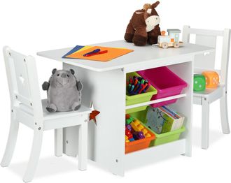 Relaxdays Relaxdays - Mesa Y 2 Sillas Infantiles Con Cajas De Almacenamiento, Unisex, Mobiliario De Ni&ntilde;os Para Dormitorio, Blanco