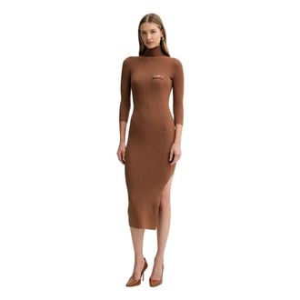 Elisabetta Franchi Geribde Midi Jurk met Borstzak - Dames - Kleedjes - Bruin - XS - Kleedjes